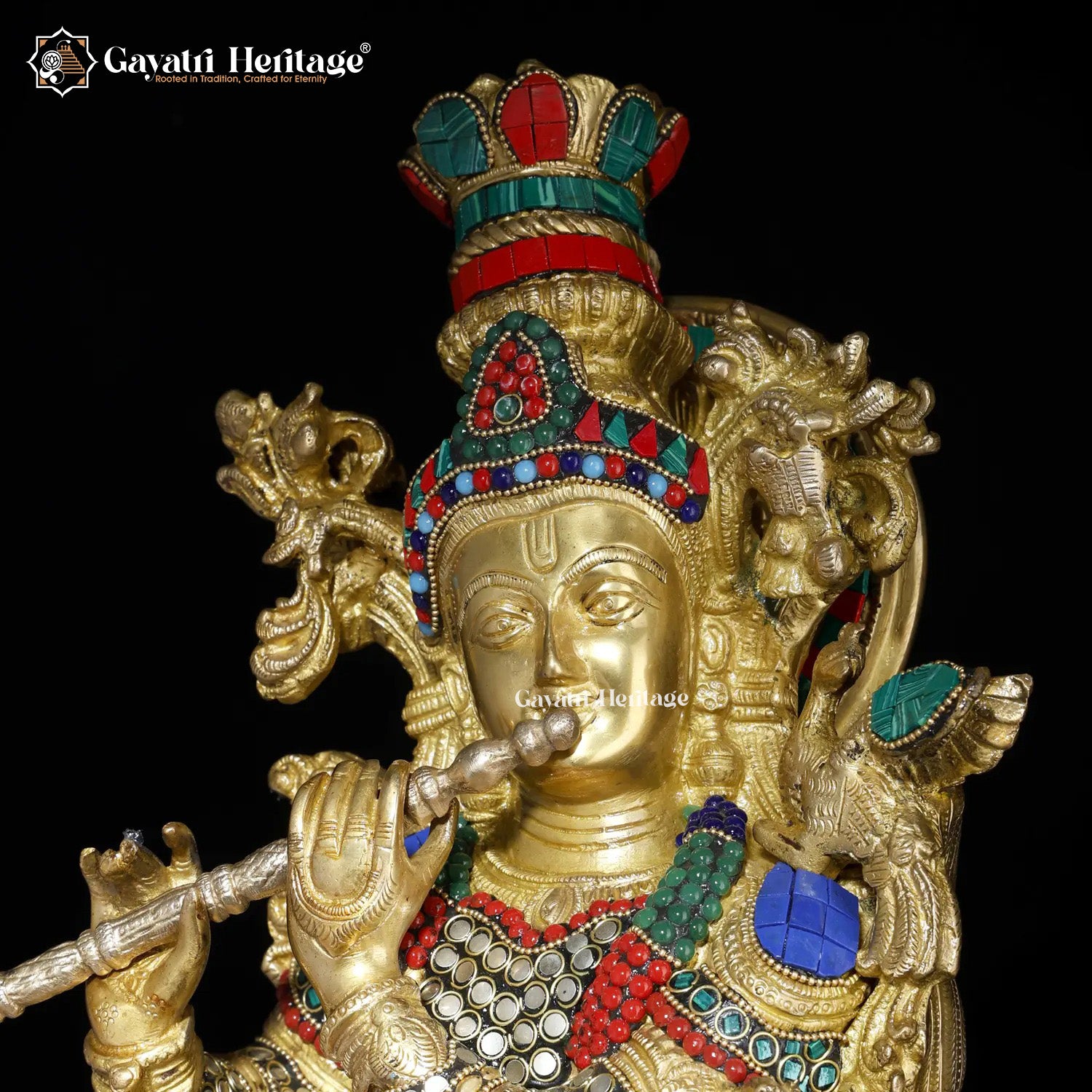 Brass Krishna Statue with Cow – Elegant Stone-Work Sculpture | Gayatri Heritage