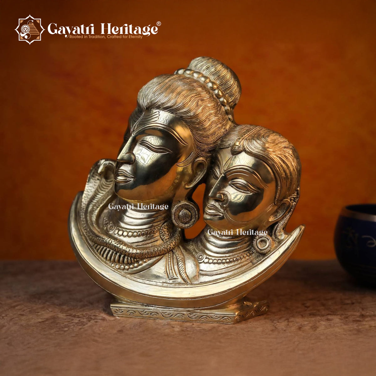 Brass Shiva Parvati Face on Crystal Moon – Sacred Celestial Display | Gayatri Heritage