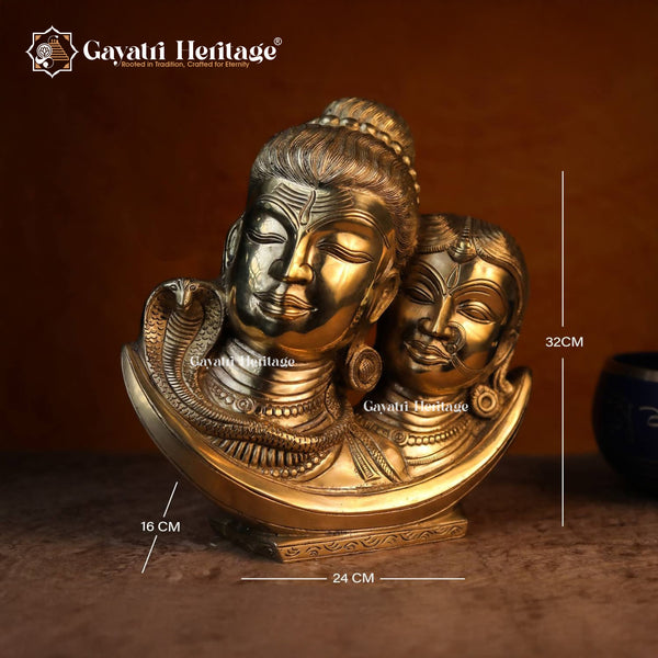 Brass Shiva Parvati Face on Crystal Moon – Sacred Celestial Display | Gayatri Heritage