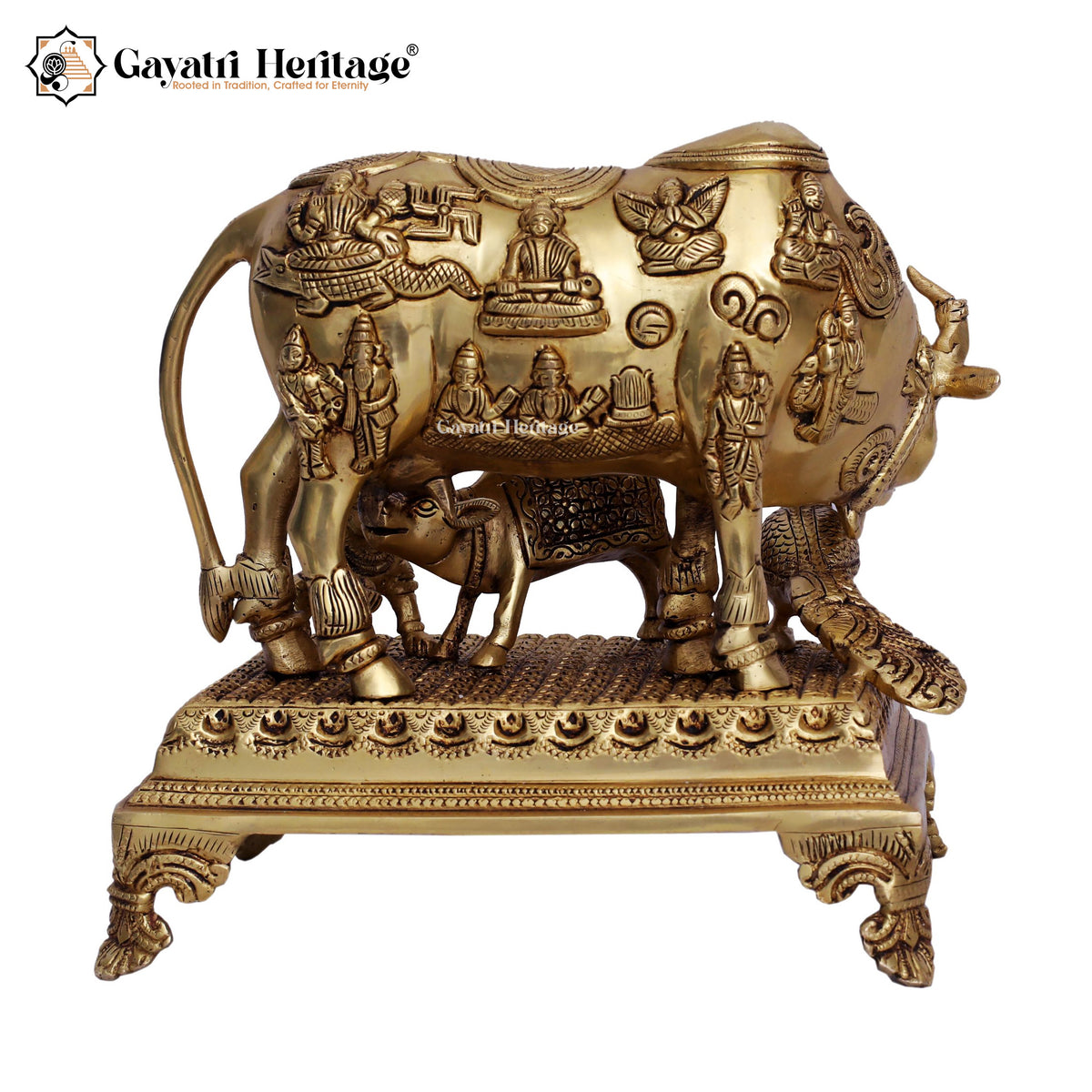 Brass Cow and Calf in Yellow Antique – Sacred Décor | Gayatri Heritage