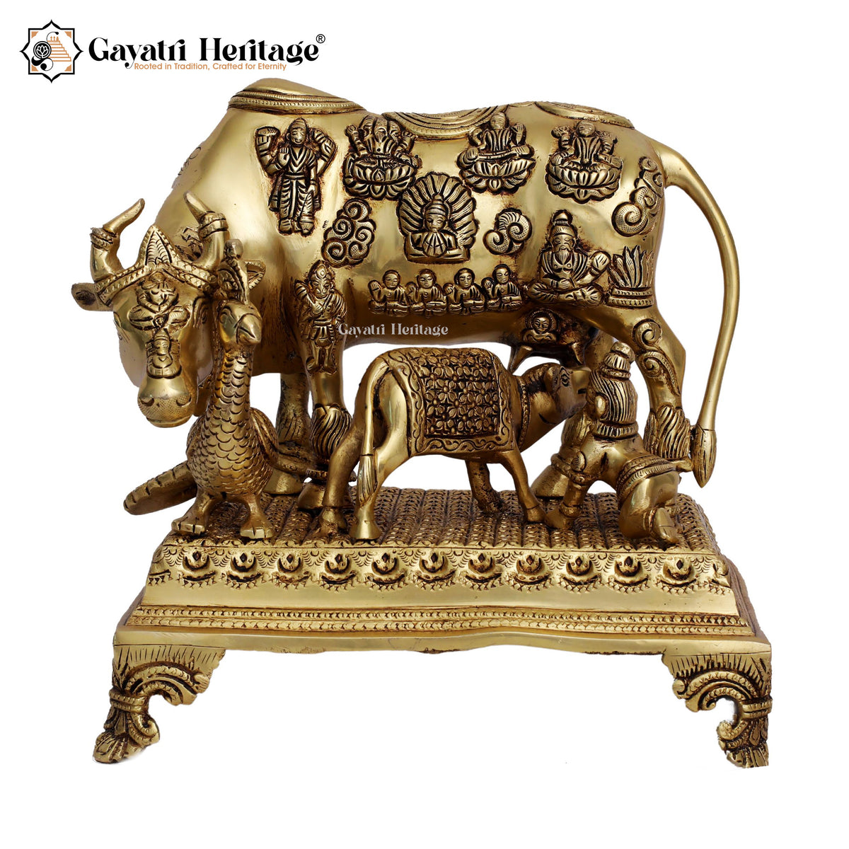 Brass Cow and Calf in Yellow Antique – Sacred Décor | Gayatri Heritage