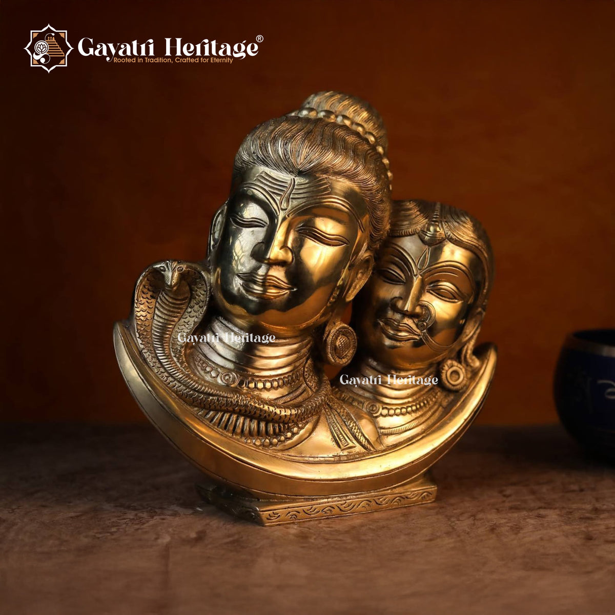 Brass Shiva Parvati Face on Crystal Moon – Sacred Celestial Display | Gayatri Heritage