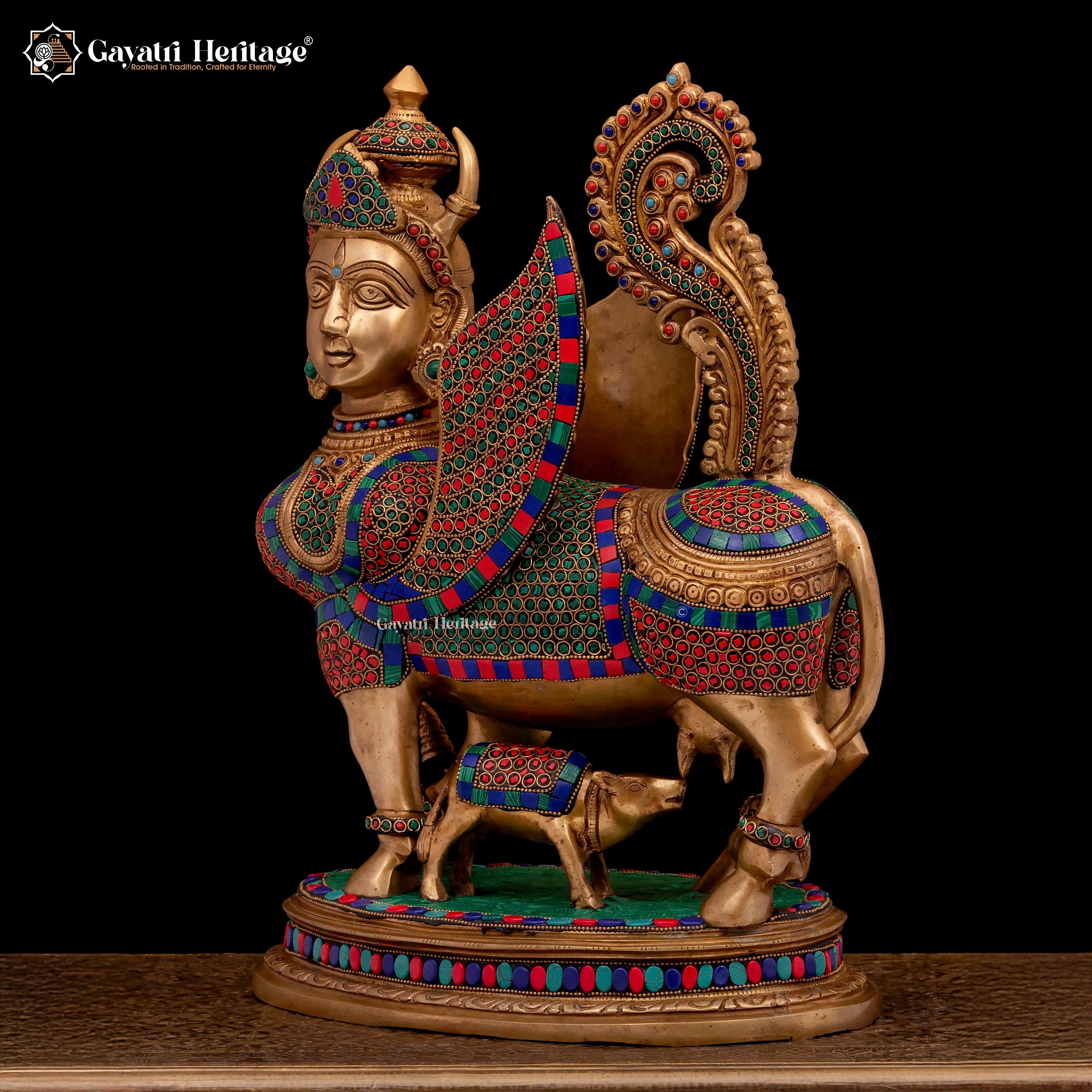 Brass Kamadhenu Cow in Stone Work – Symbol of Prosperity | Gayatri Heritage