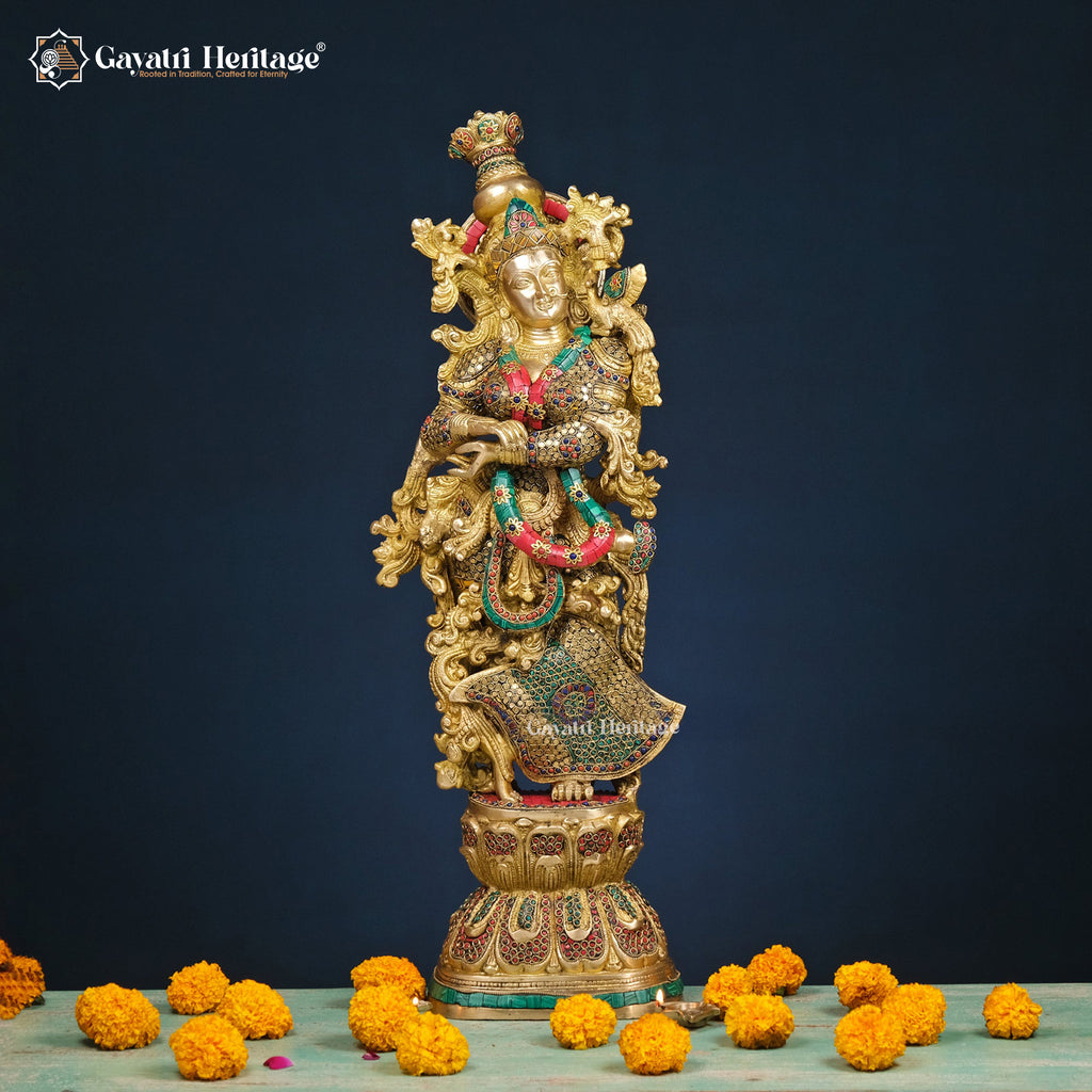 Brass Radha Krishna Statue – Exquisite Stone Work | Gayatri Heritage