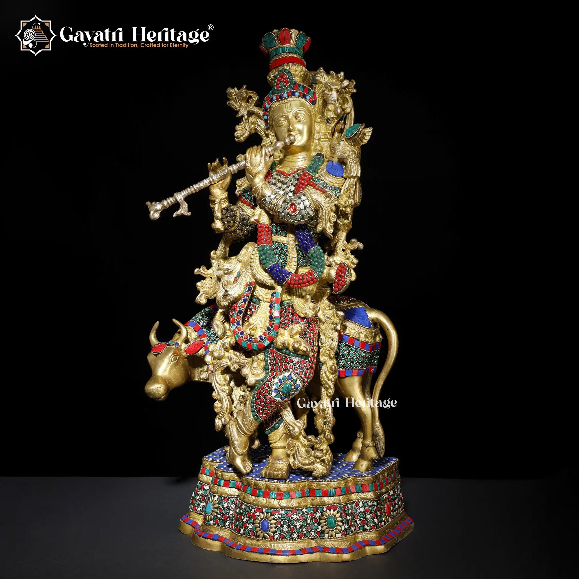 Brass Krishna Statue with Cow – Elegant Stone-Work Sculpture | Gayatri Heritage