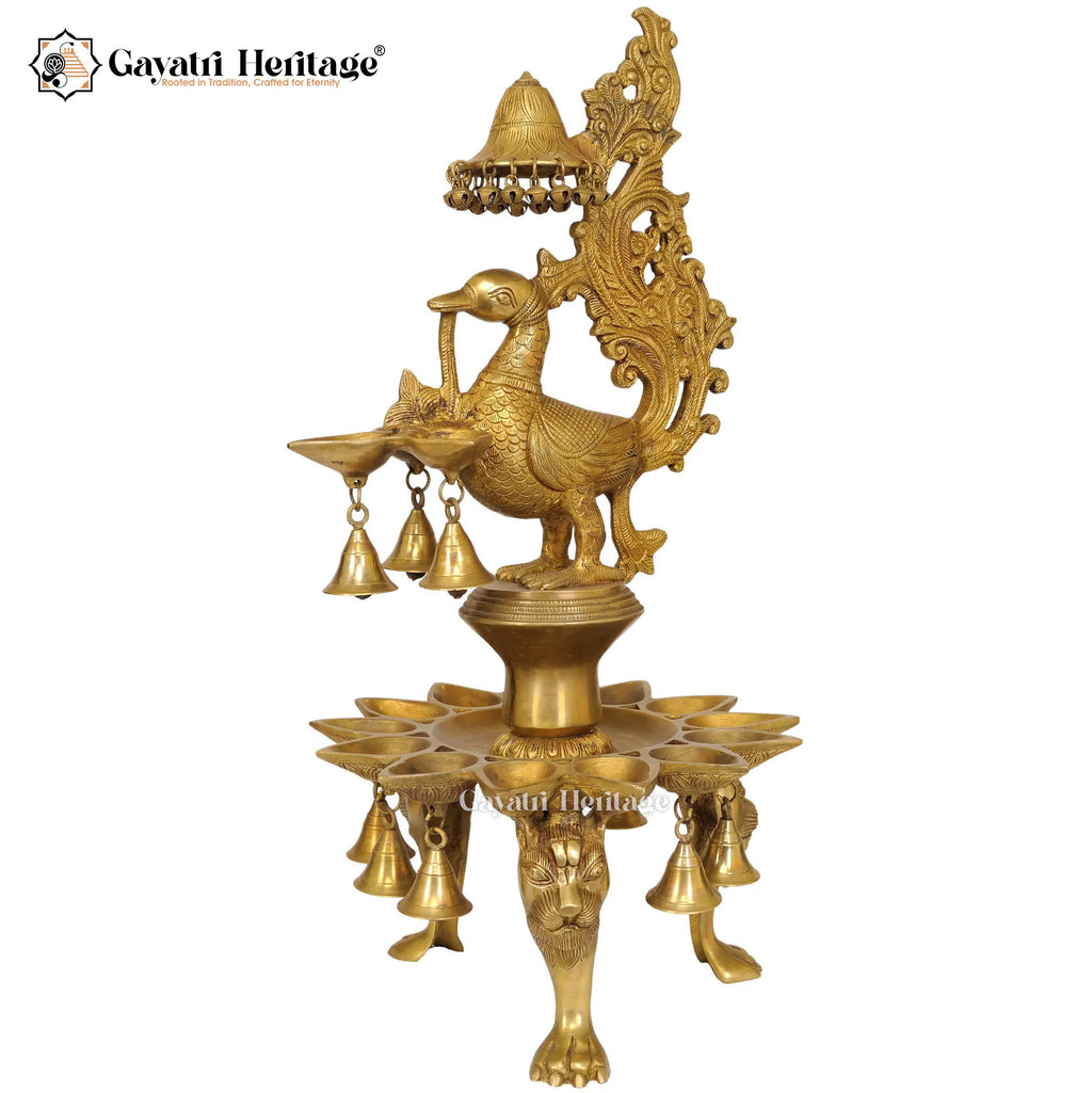 Brass Peacock Lamp with Multi Bells And Ghungroo