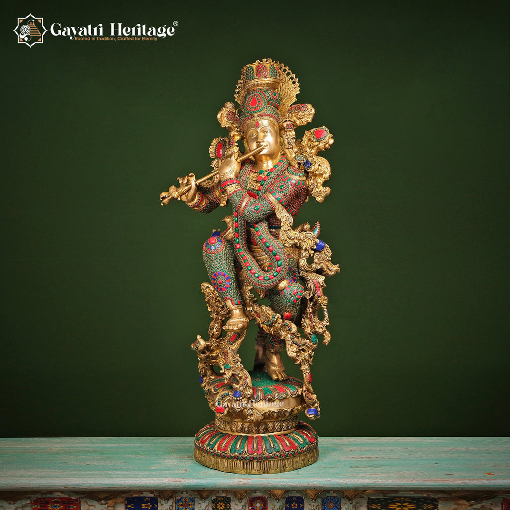 Brass Krishna Playing Flute – Divine Musical Elegance | Gayatri Heritage