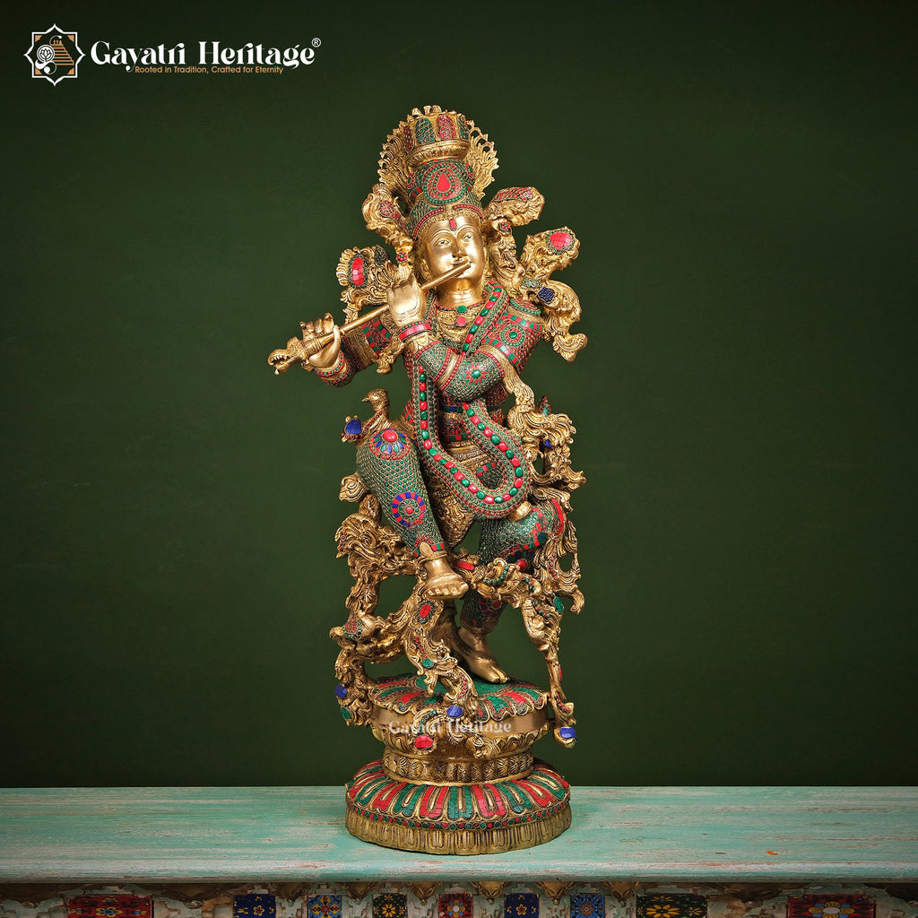 Brass Krishna Playing Flute – Divine Musical Elegance | Gayatri Heritage