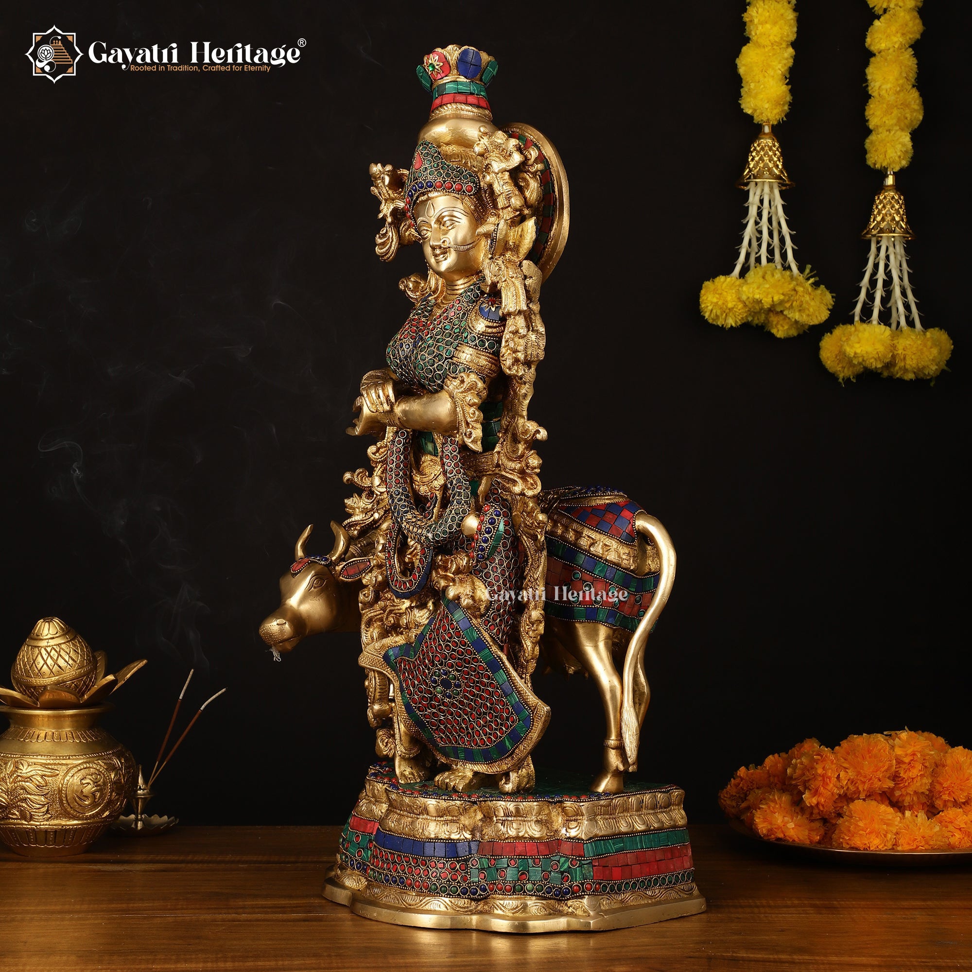 Brass Radha with Cow Statue – Divine Blessing for Your Home | Gayatri Heritage
