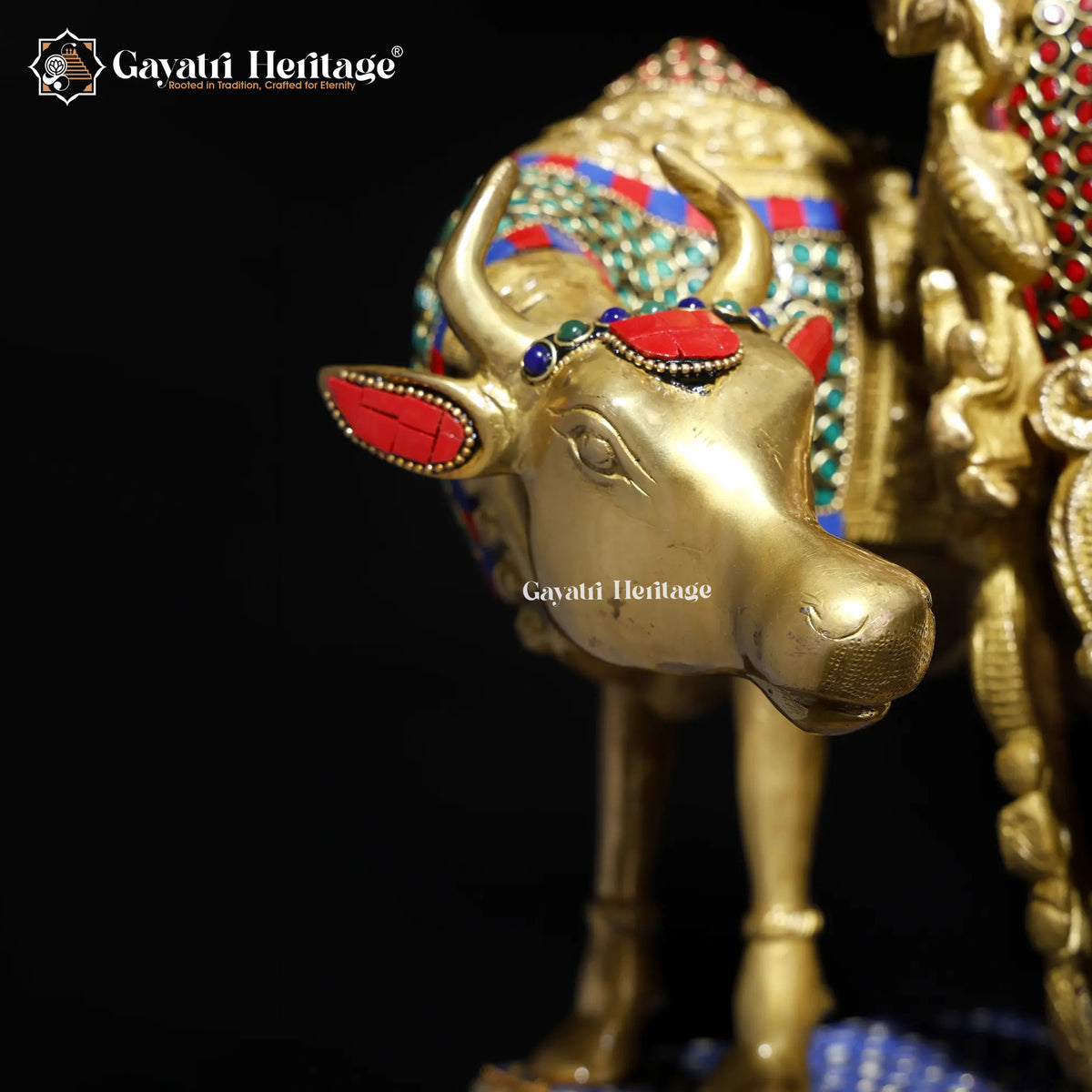Brass Krishna Statue with Cow – Elegant Stone-Work Sculpture | Gayatri Heritage