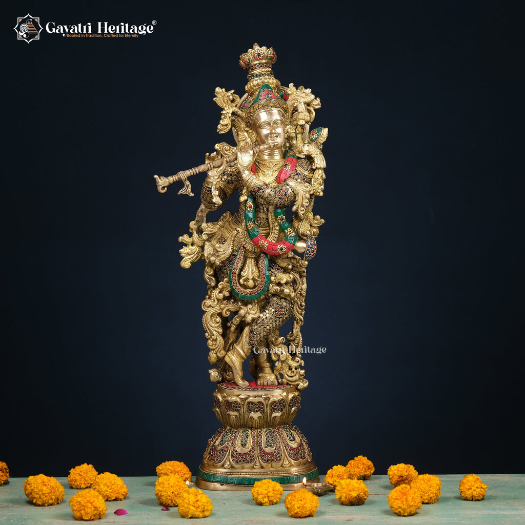 Brass Radha Krishna Statue – Exquisite Stone Work | Gayatri Heritage