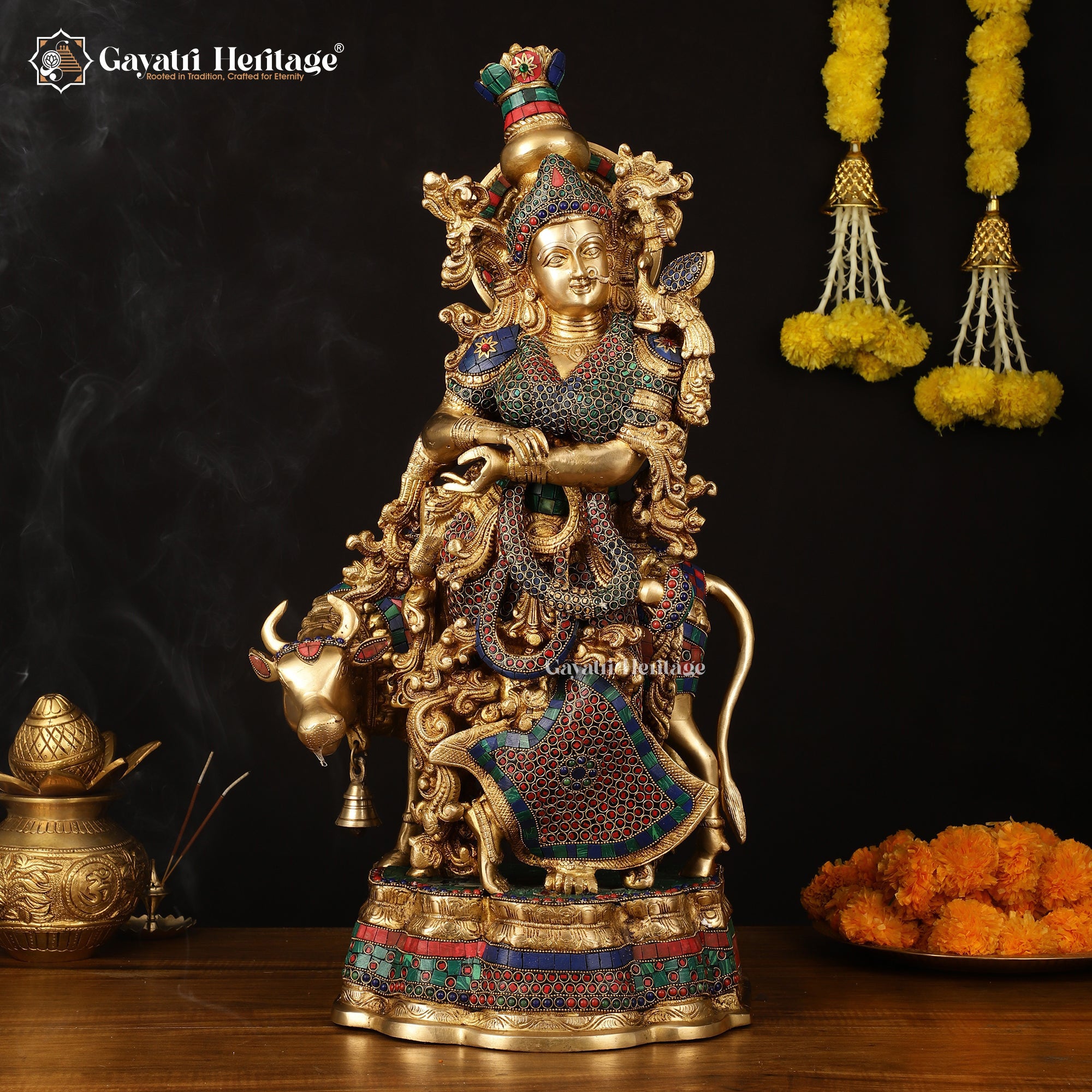 Brass Radha with Cow Statue – Divine Blessing for Your Home | Gayatri Heritage