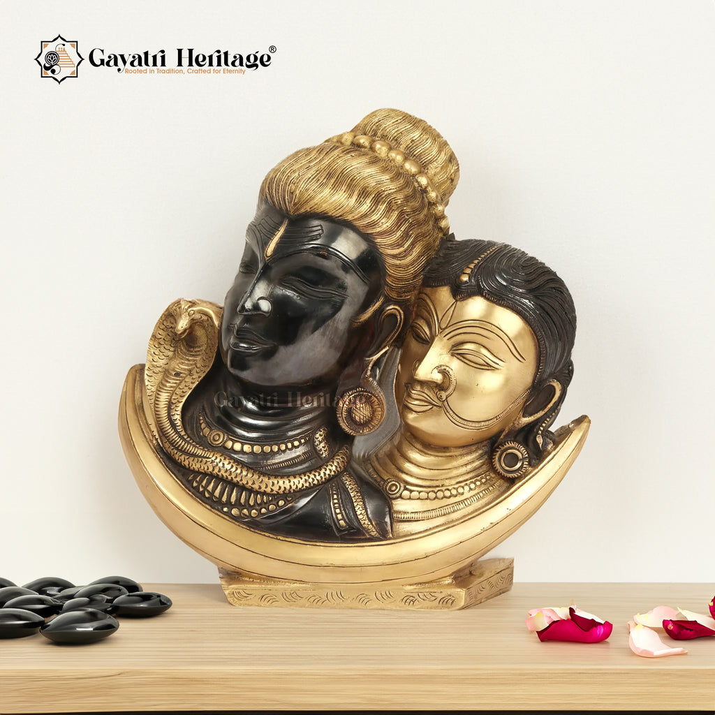 Brass Shiva Parvati On Crescent Moon – Sacred Celestial Sculpture | Gayatri Heritage