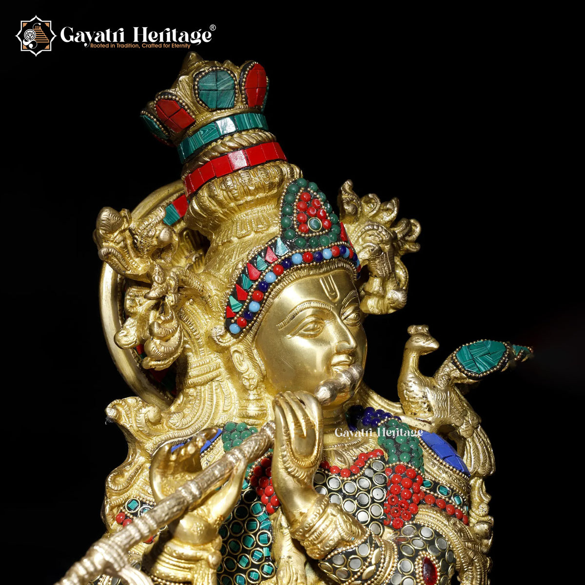 Brass Krishna Statue with Cow – Elegant Stone-Work Sculpture | Gayatri Heritage