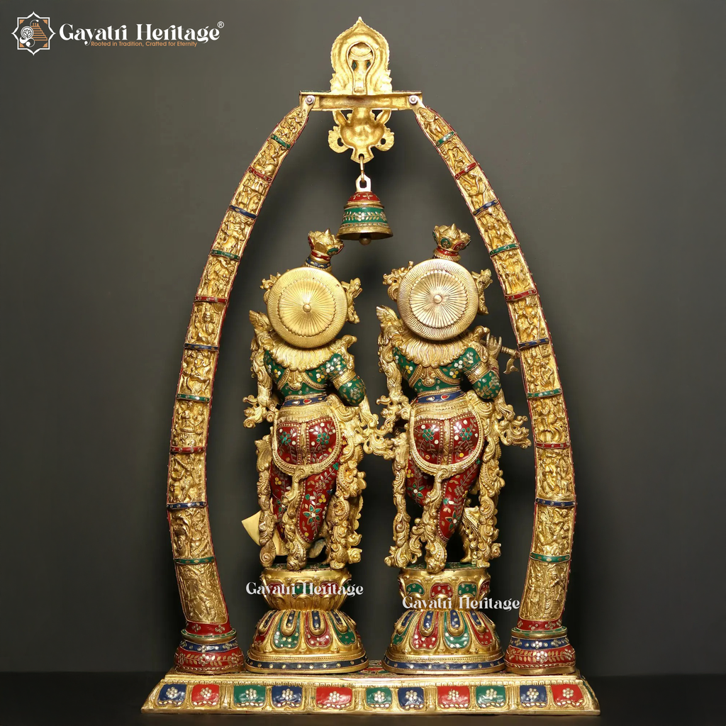 Brass Radha Krishna with Arch – Exquisite Stone Work Idol