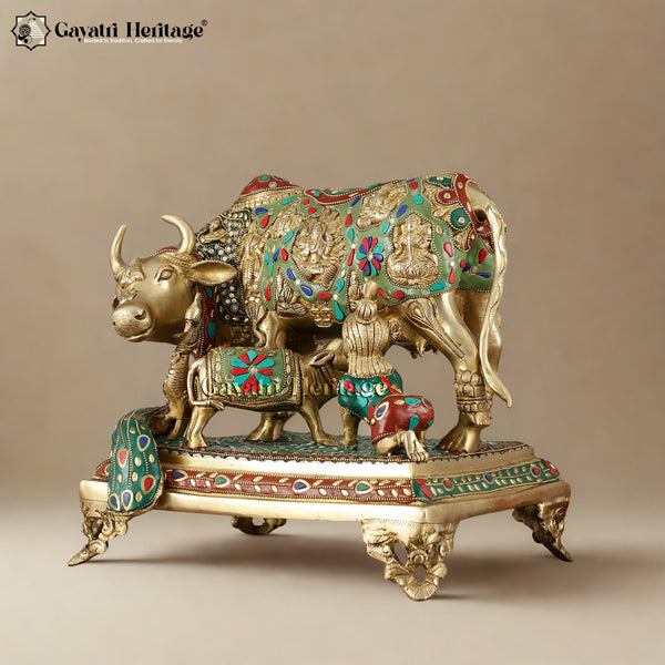 Brass Cow and Calf in Stone Work – Exquisite Religious Décor | Gayatri Heritage