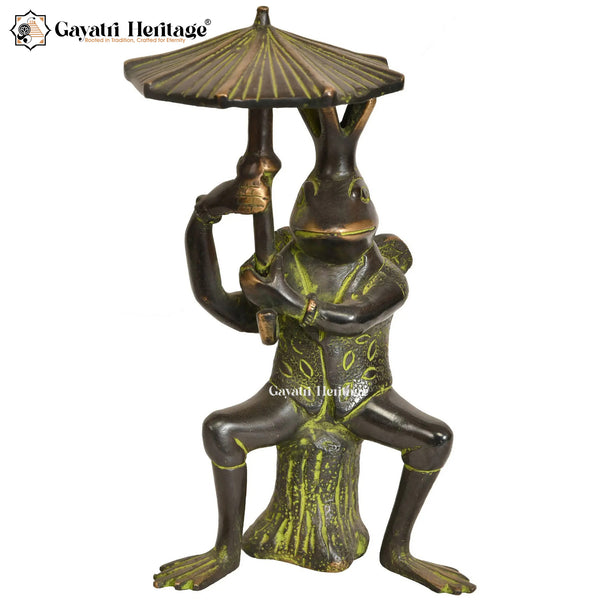 Brass Frog with Umbrella – Antique Finish Home Decor | Gayatri Heritage