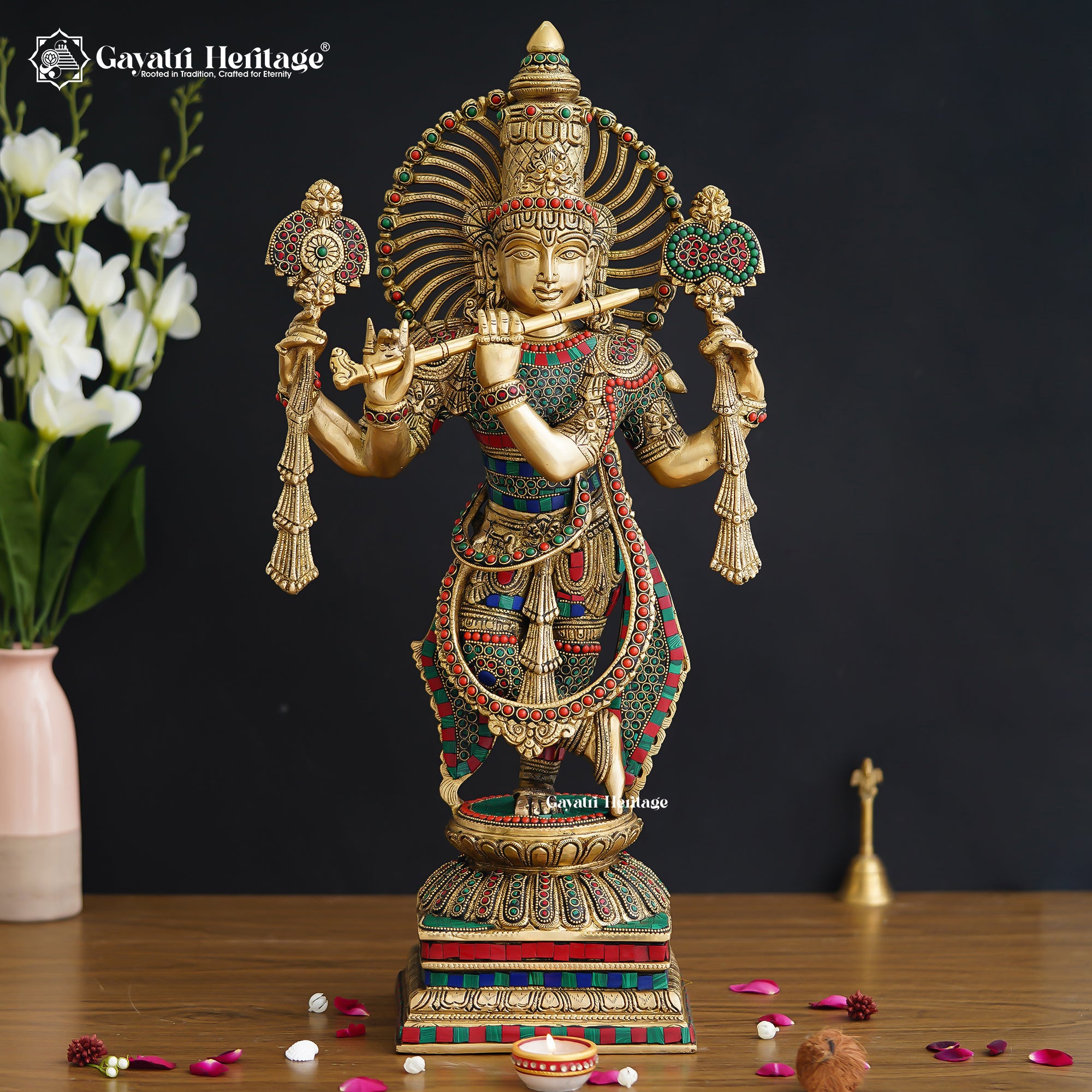 Brass Krishna Sculpture – Intricate Stonework Art | Gayatri Heritage