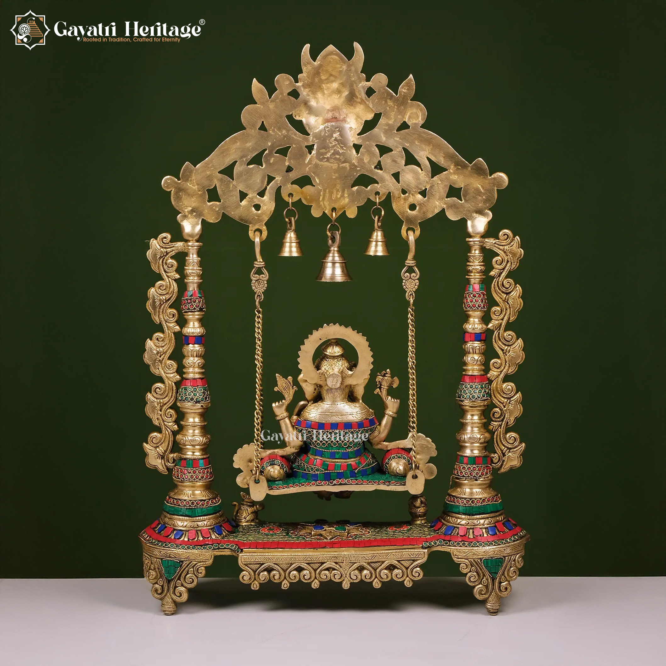Brass Ganesh Jhula Statue – Intricate Stone Work Art
