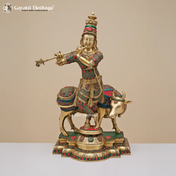 Brass Krishna Playing Flute Statue – Elegant Stone Art