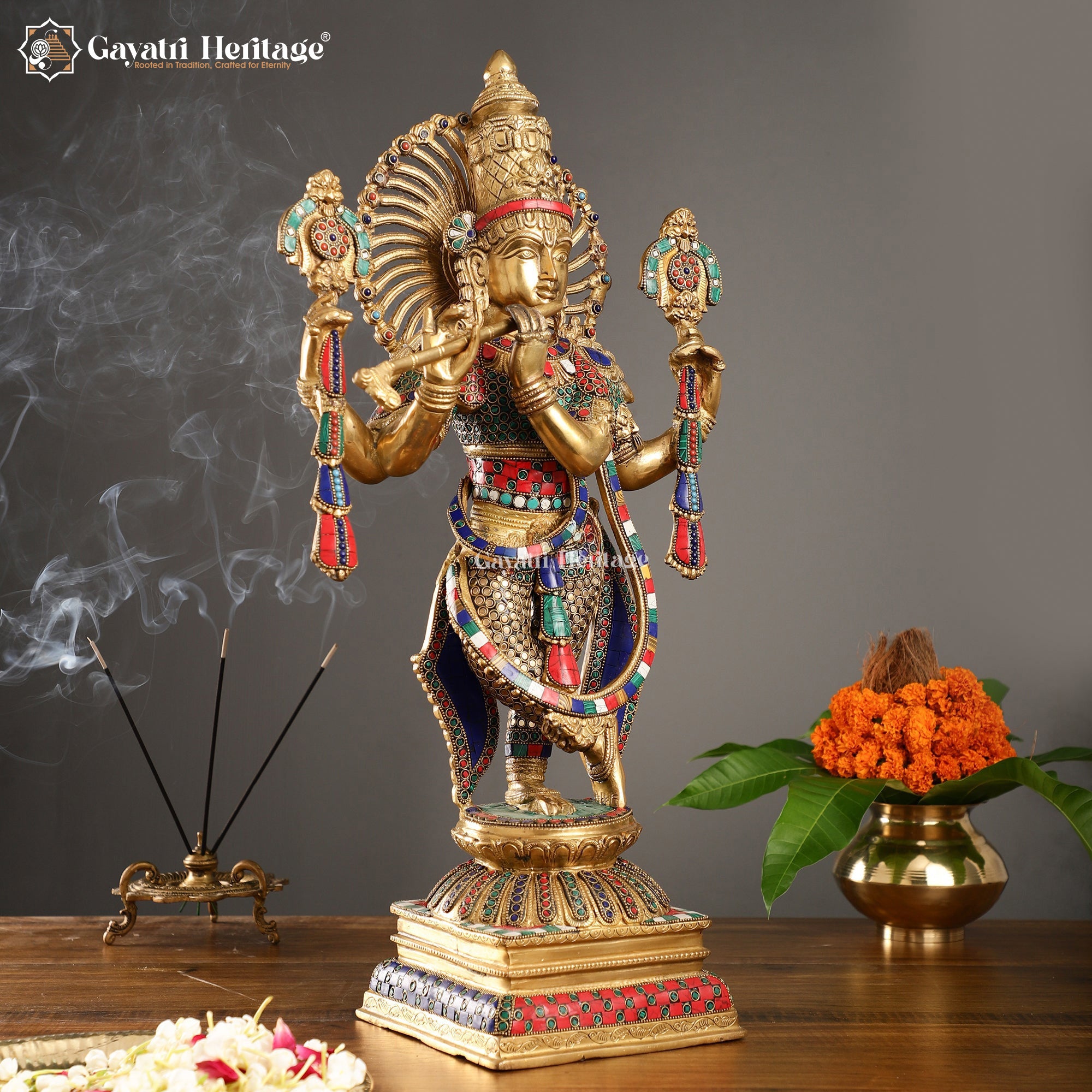 Brass Krishna Playing Flute – Stone Work Art Idol | Gayatri Heritage