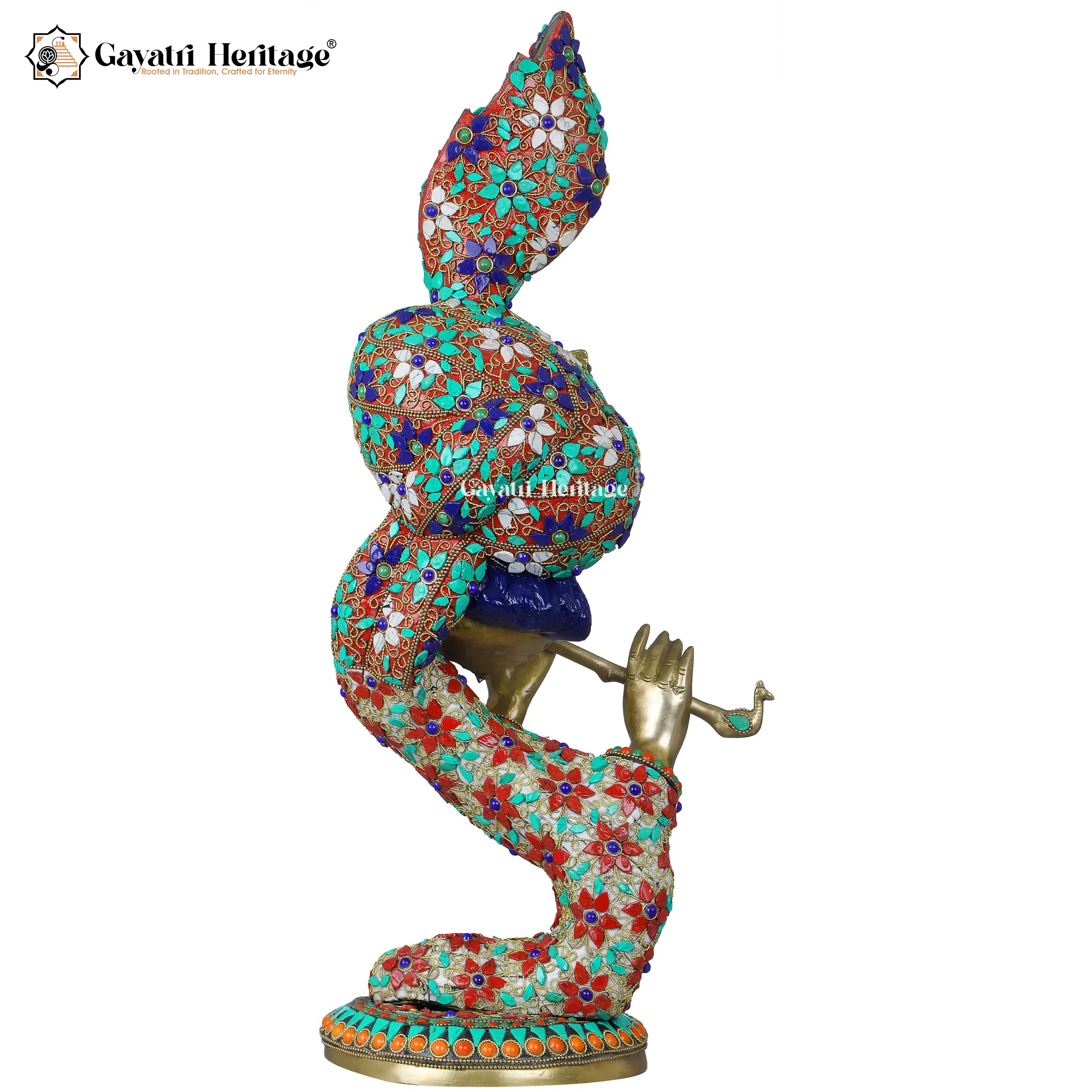 Brass Krishna Flute Idol – Stone Work Bal Gopal Statue | Gayatri Heritage