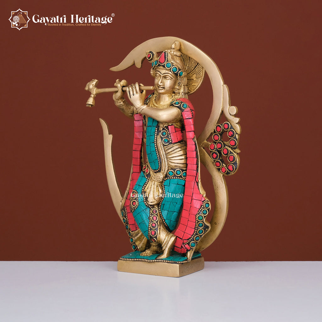 Brass Krishna Statue – Divine Om Design on Back
