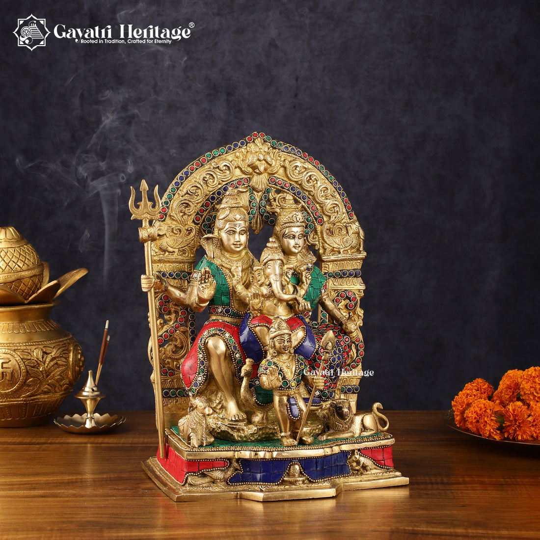 Brass Shiva Family – Stone Work Idol for Pooja Room | Gayatri Heritage