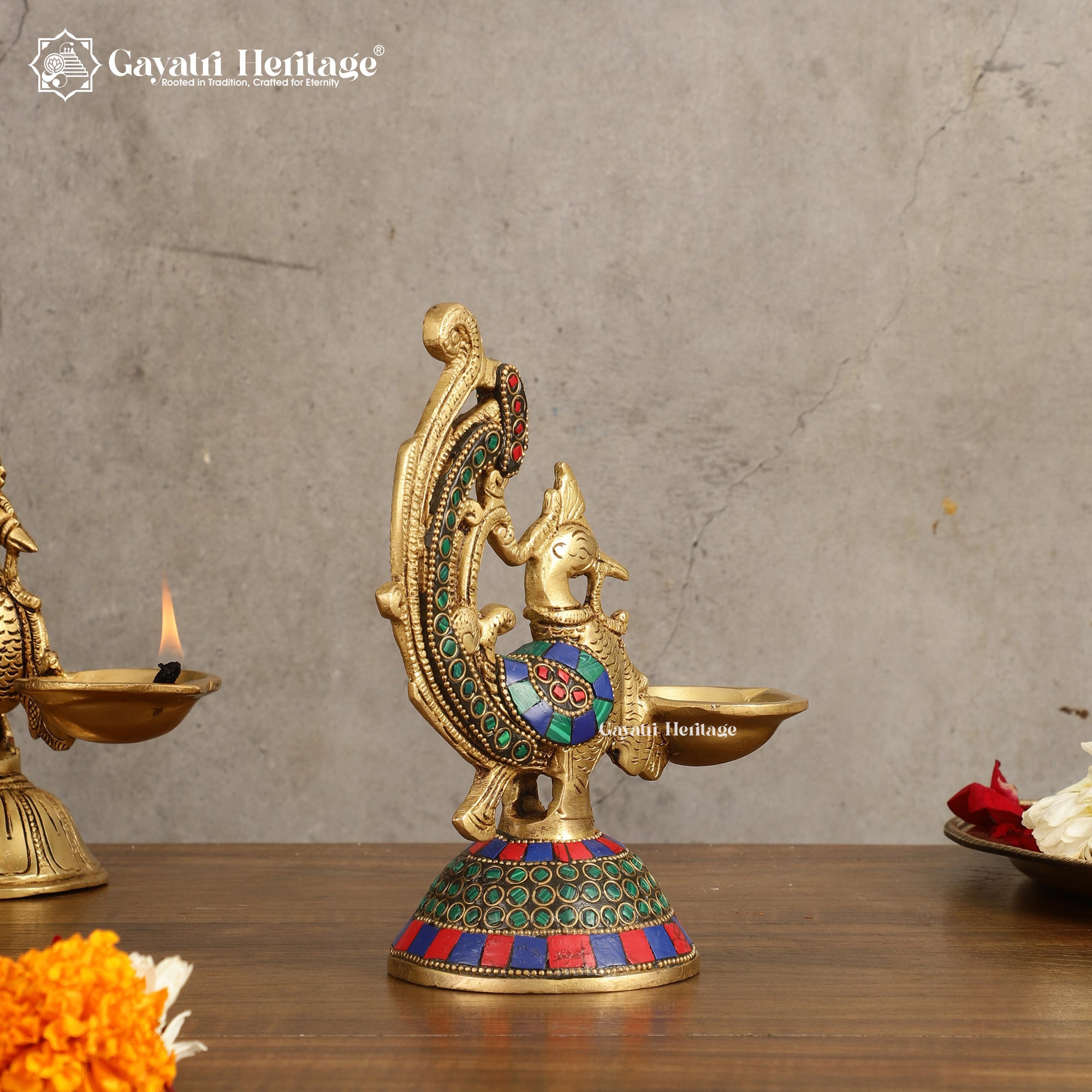 Brass Peacock Diya in Stone Work – Elegant Lighting Decor | Gayatri Heritage