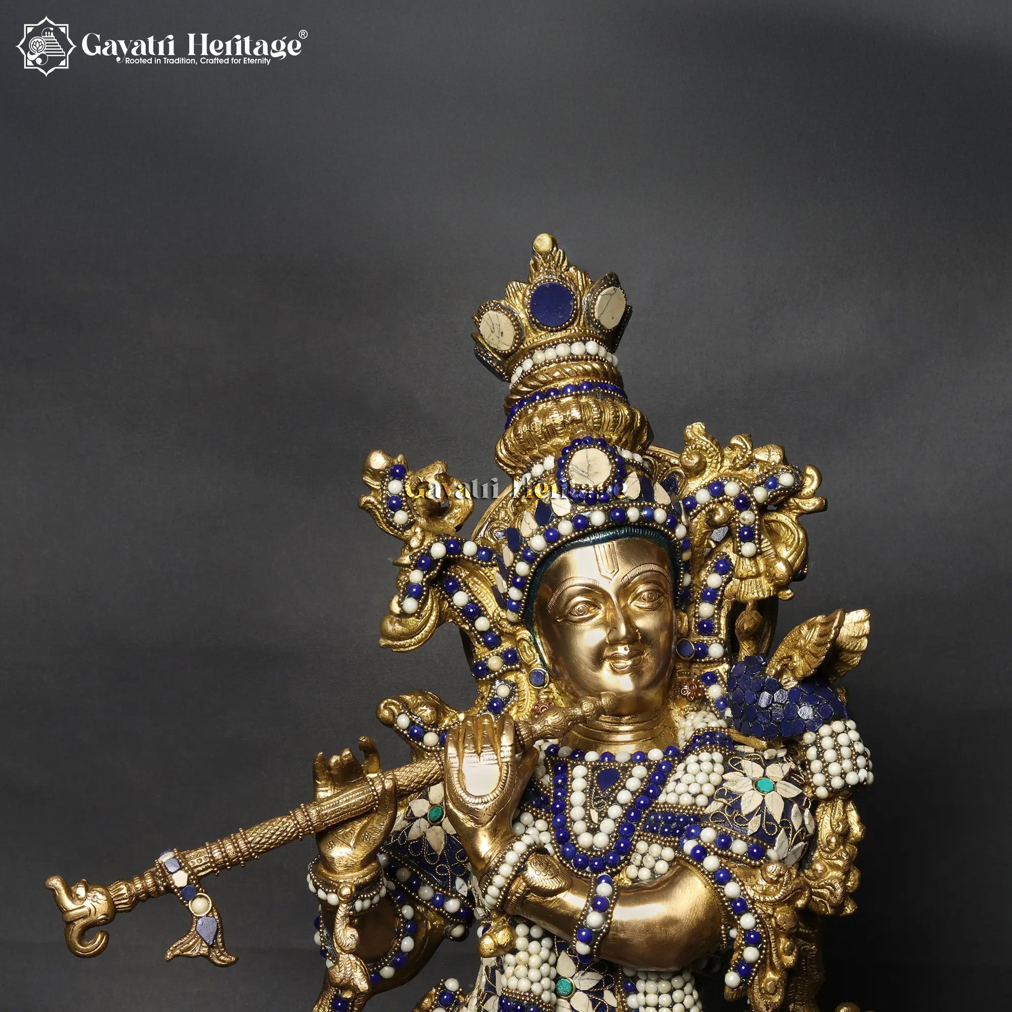 29" Krishna Brass Statue – Flute Playing Idol Inlay Work | Gayatri Heritage