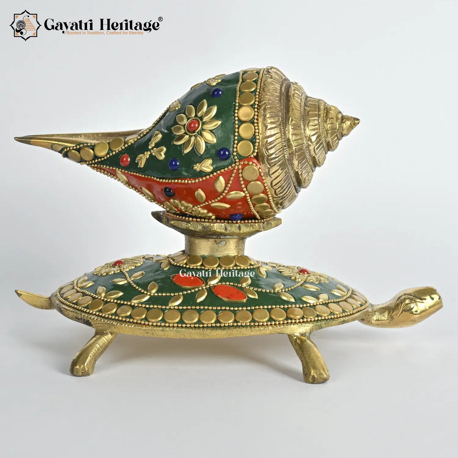 Brass Turtle with Shankh – Auspicious Stone Art Decor | Gayatri Heritage