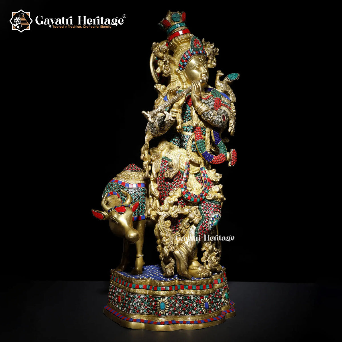 Brass Krishna Statue with Cow – Elegant Stone-Work Sculpture | Gayatri Heritage