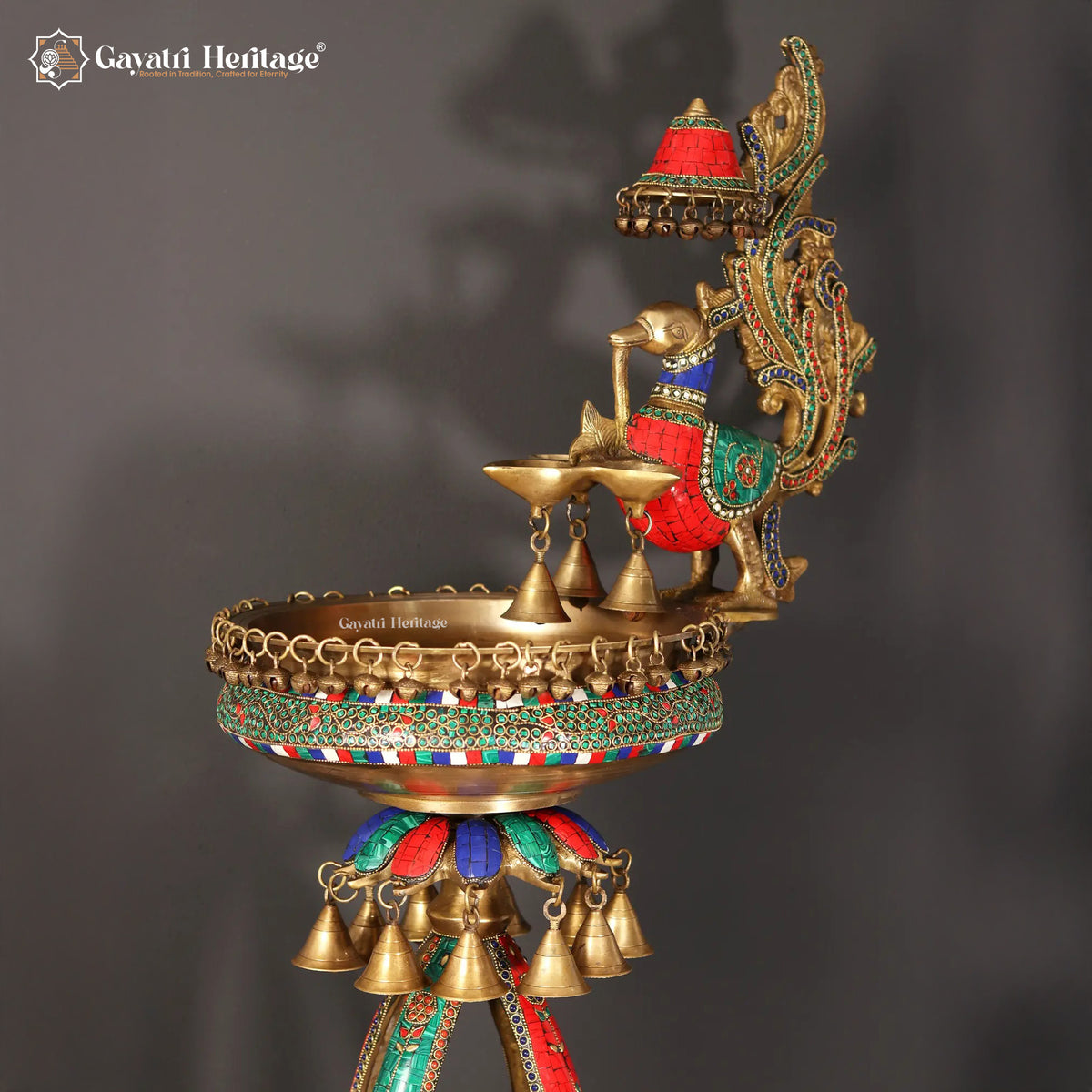Brass Urli Stand with Parrot – Exquisite Stone Work | Gayatri Heritage