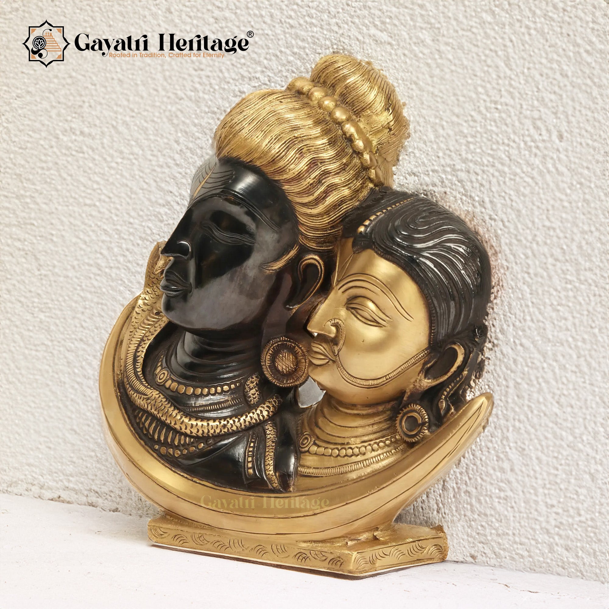 Brass Shiva Parvati On Crescent Moon – Sacred Celestial Sculpture | Gayatri Heritage