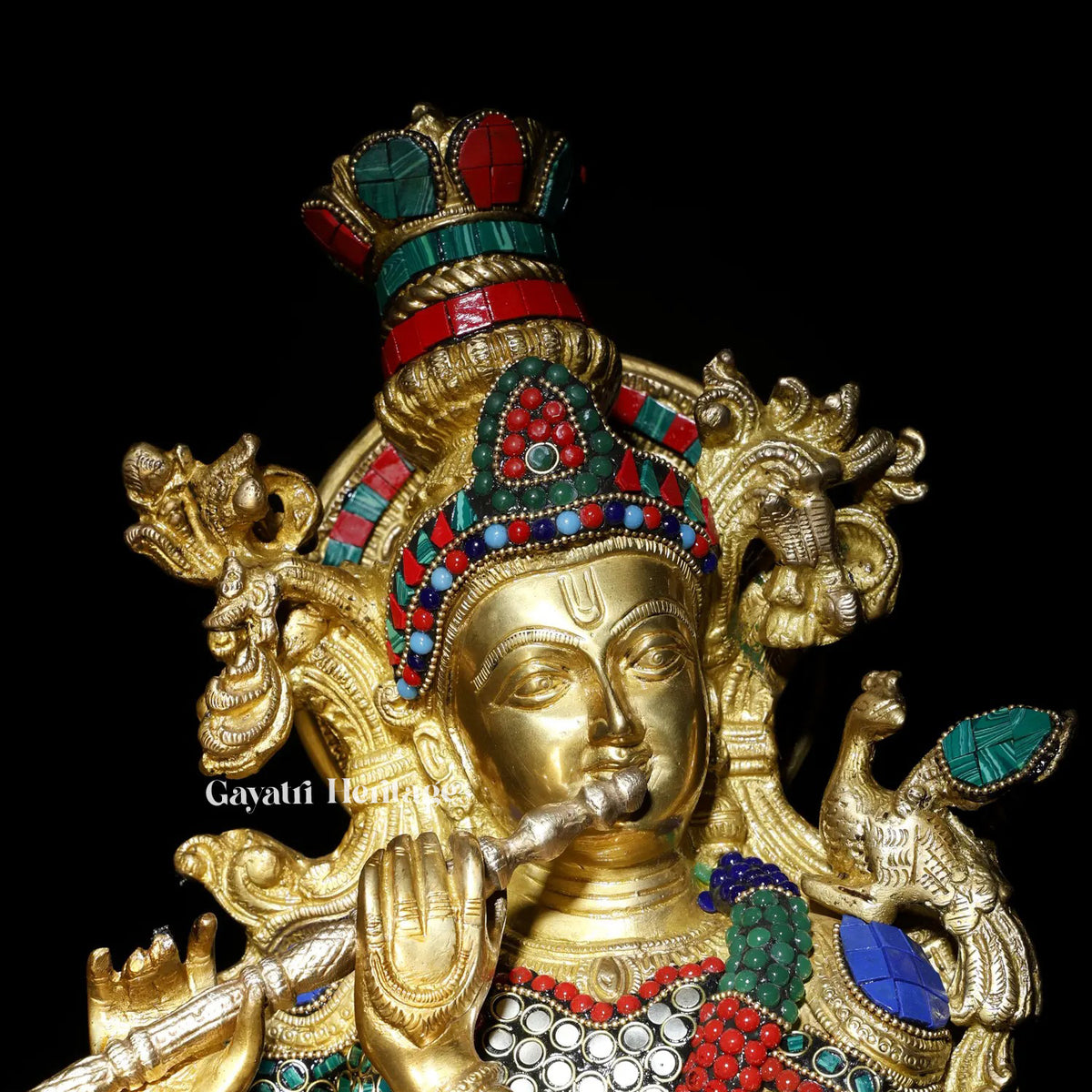 Brass Krishna Statue with Cow – Elegant Stone-Work Sculpture | Gayatri Heritage