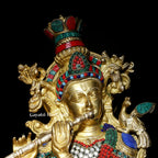 Brass Krishna Statue with Cow – Elegant Stone-Work Sculpture | Gayatri Heritage