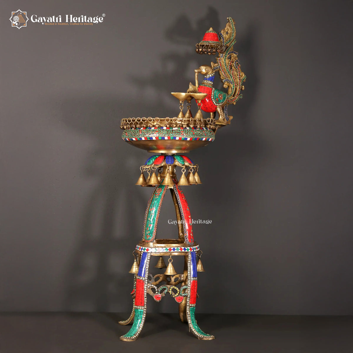 Brass Urli Stand with Parrot – Exquisite Stone Work | Gayatri Heritage