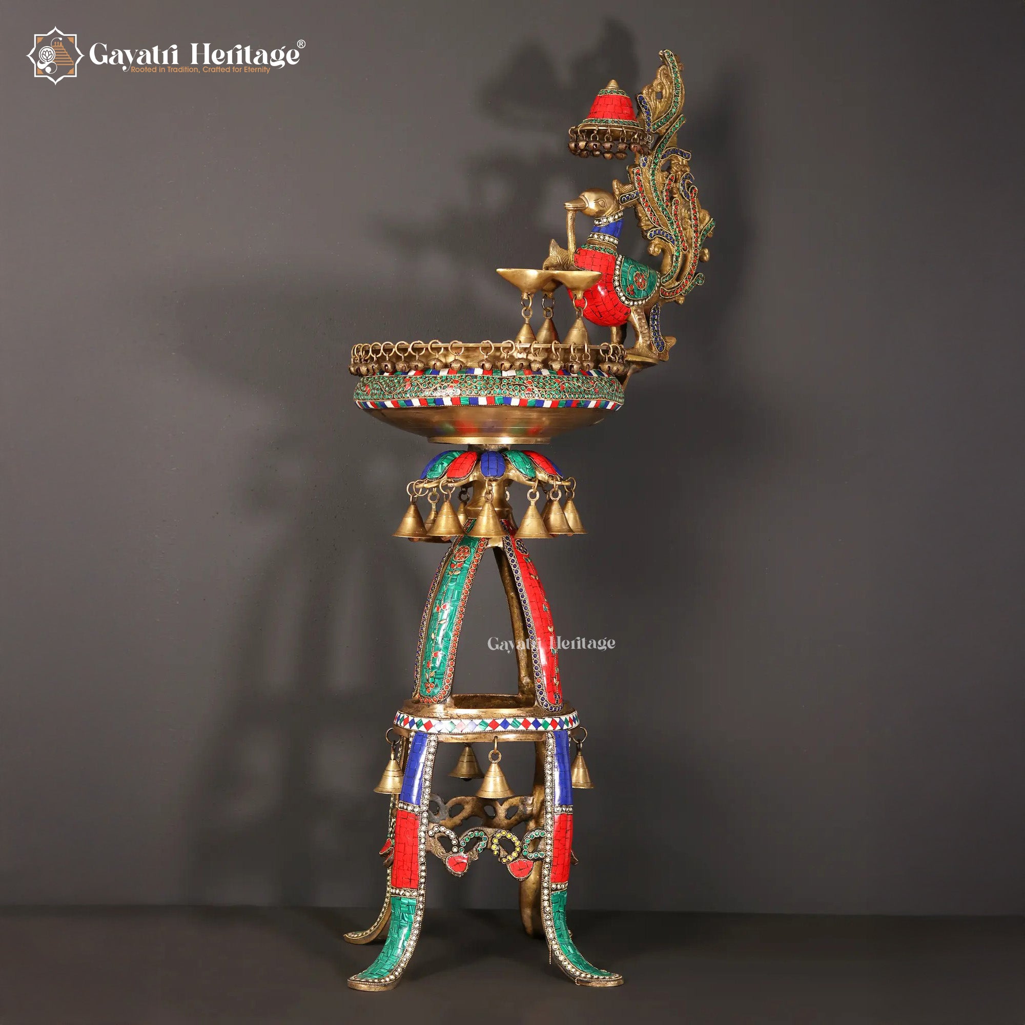 Brass Urli Stand with Parrot – Exquisite Stone Work | Gayatri Heritage