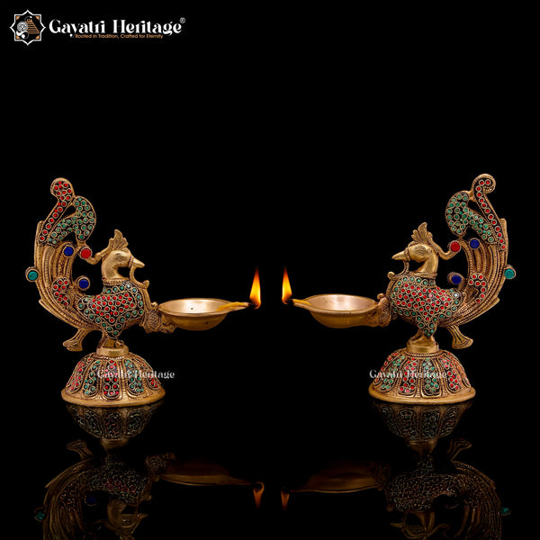 Brass Sparrow Diya Lamp in Stone Work – Elegant Lighting | Gayatri Heritage