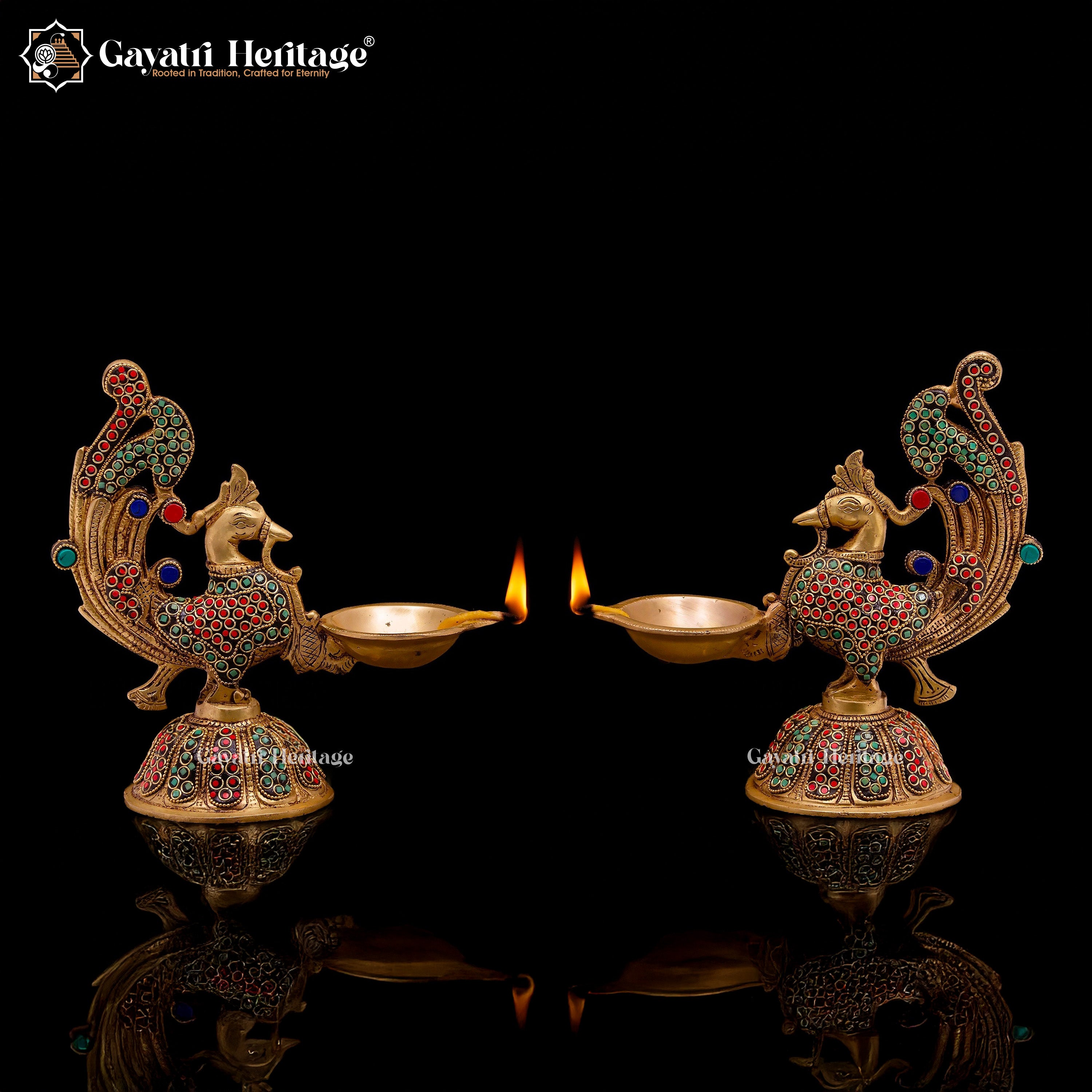 Brass Sparrow Diya Lamp in Stone Work – Elegant Lighting | Gayatri Heritage