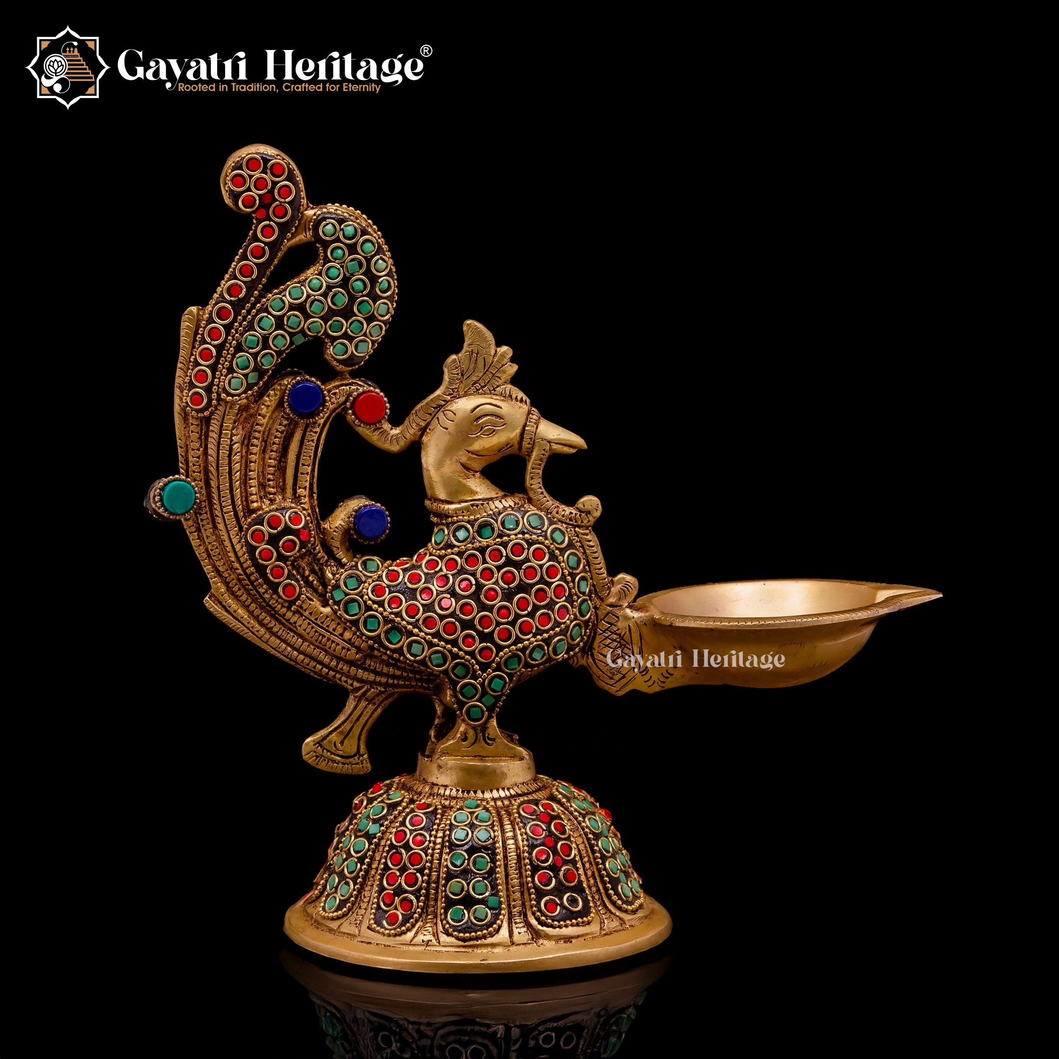Brass Sparrow Diya Lamp in Stone Work – Elegant Lighting | Gayatri Heritage
