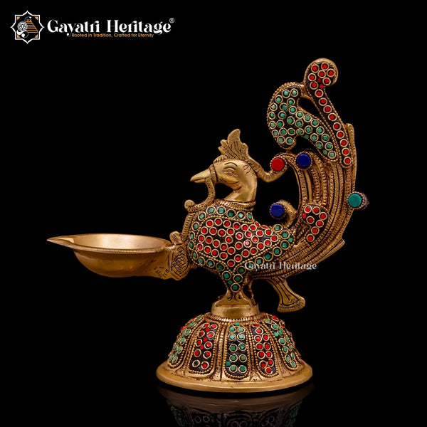 Brass Sparrow Diya Lamp in Stone Work – Elegant Lighting | Gayatri Heritage