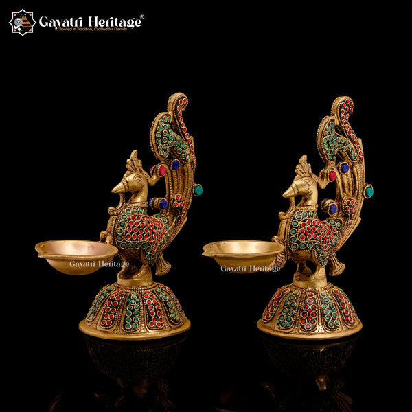 Brass Sparrow Diya Lamp in Stone Work – Elegant Lighting | Gayatri Heritage