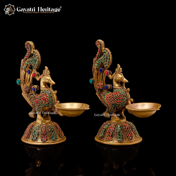 Brass Sparrow Diya Lamp in Stone Work – Elegant Lighting | Gayatri Heritage