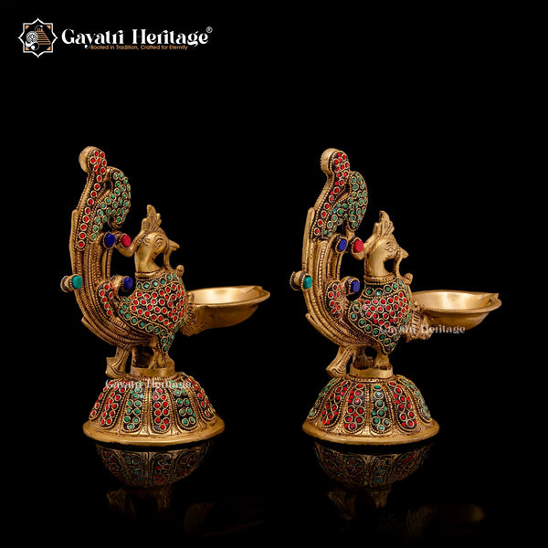 Brass Sparrow Diya Lamp in Stone Work – Elegant Lighting | Gayatri Heritage