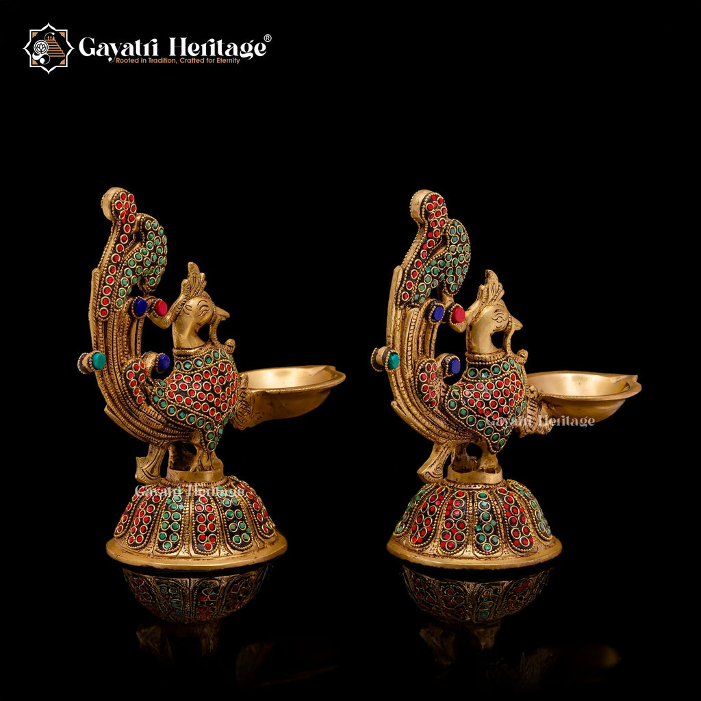 Brass Sparrow Diya Lamp in Stone Work – Elegant Lighting | Gayatri Heritage