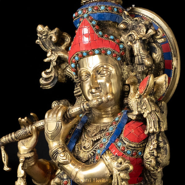 Krishna Muralidhara Playing His Flute Brass Cow Krishna with Vibrant Stone Finish – Divine Melody and Artistic Craftsmanship | Gayatri Heritage