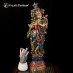Brass Murlidhar Playing Flute – Stone Work Artistic Décor | Gayatri Heritage