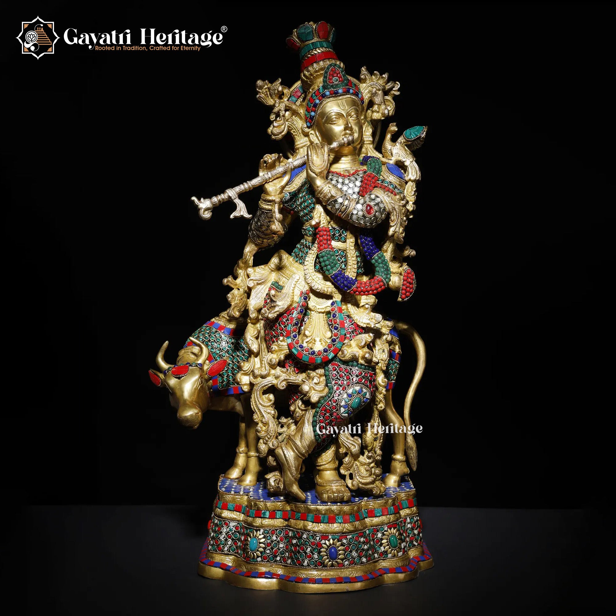 Brass Krishna Statue with Cow – Elegant Stone-Work Sculpture | Gayatri Heritage