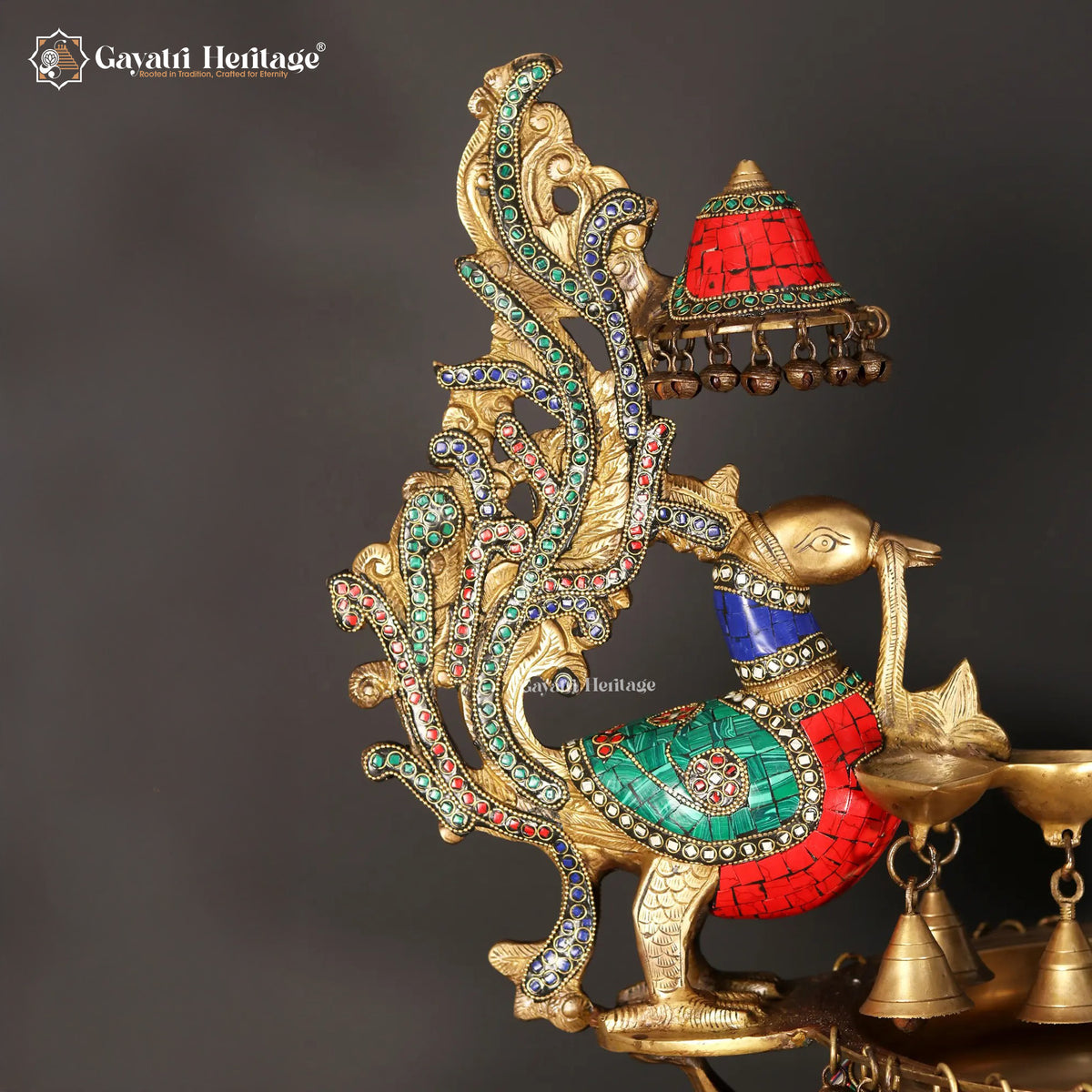 Brass Urli Stand with Parrot – Exquisite Stone Work | Gayatri Heritage